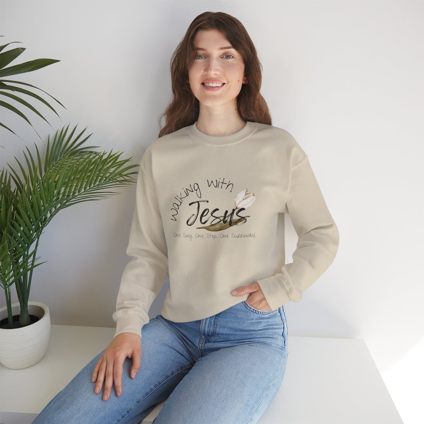 Worship Walking with Jesus Sweatshirt, "One Song, One Step, One Surrender", Unisex Crewneck Sweatshirt