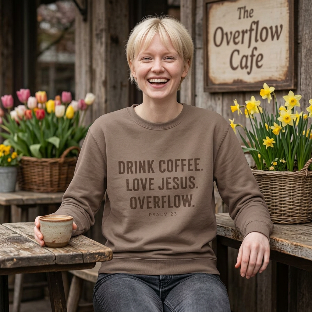 Sweatshirt: "Drink Coffee. Love Jesus. Overflow."