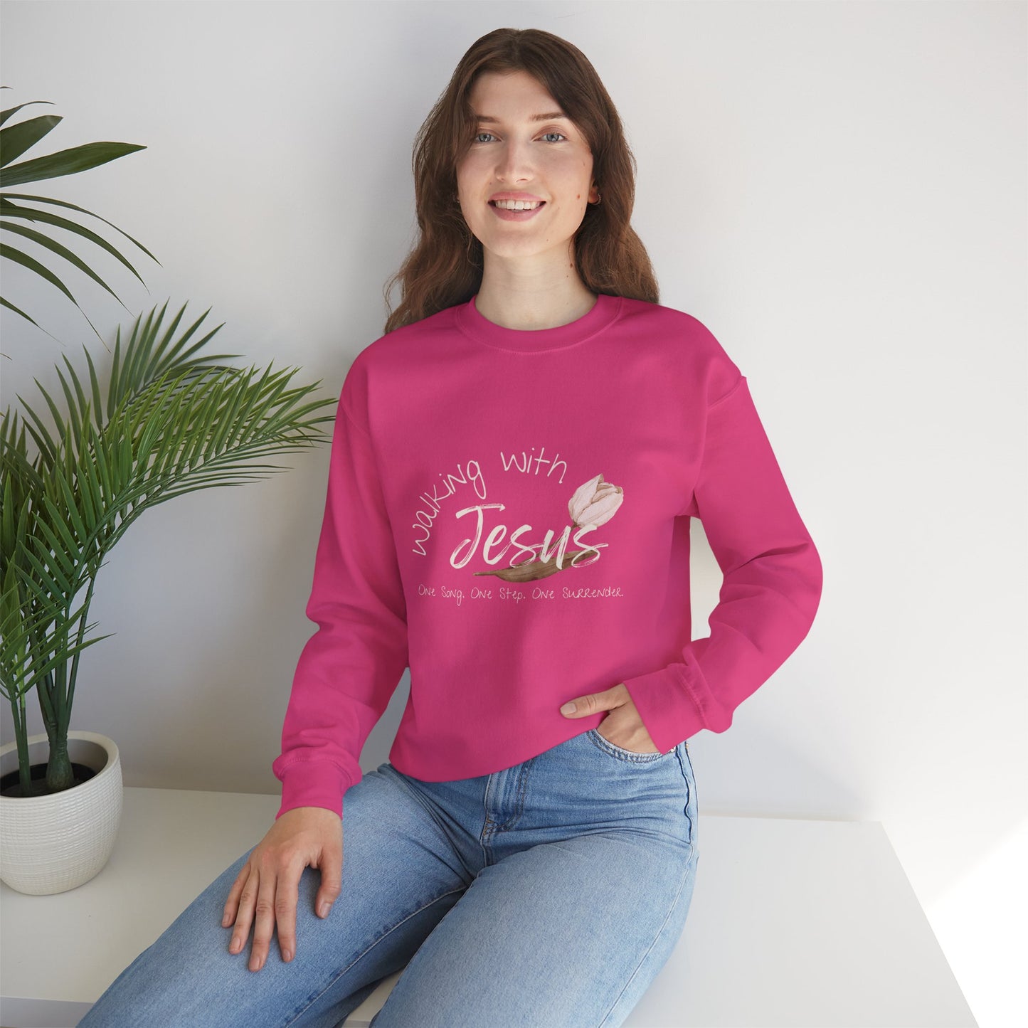 Worship Walking with Jesus, "One Song, One Step, One Surrender", Unisex Crewneck Sweatshirt