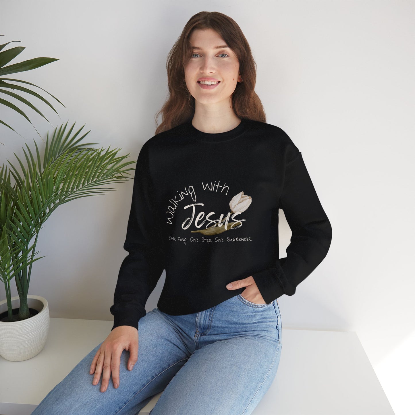 Worship Walking with Jesus, "One Song, One Step, One Surrender", Unisex Crewneck Sweatshirt